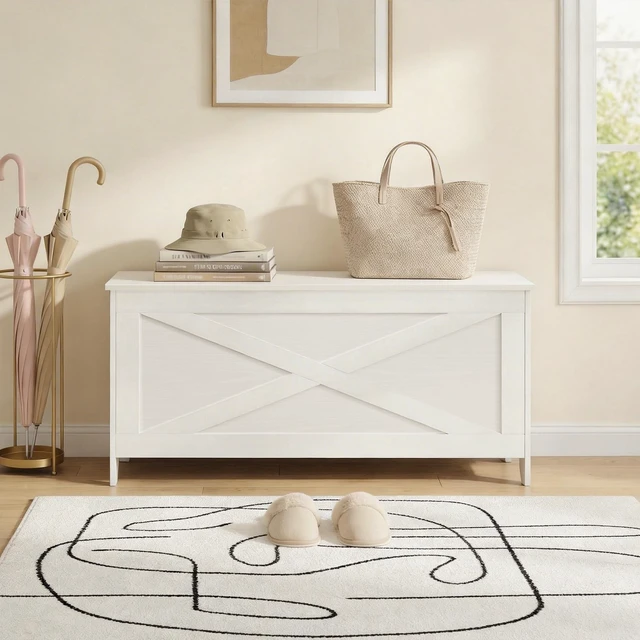 Alt view image 2 of 7 - 39.4" Storage Chest with Lid, Storage Bench with Safety Hinges | Large Toy Box for Bedroom, Living Room, Farmhouse Style, Sturdy Toy Chest, 39.4 x 15.7 x 18.9 Inches, White