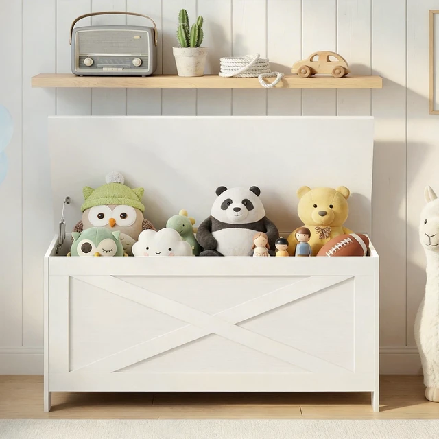 Alt view image 5 of 7 - 39.4" Storage Chest with Lid, Storage Bench with Safety Hinges | Large Toy Box for Bedroom, Living Room, Farmhouse Style, Sturdy Toy Chest, 39.4 x 15.7 x 18.9 Inches, White