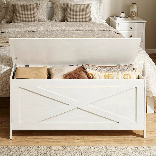 Alt view image 6 of 7 - 39.4" Storage Chest with Lid, Storage Bench with Safety Hinges | Large Toy Box for Bedroom, Living Room, Farmhouse Style, Sturdy Toy Chest, 39.4 x 15.7 x 18.9 Inches, White