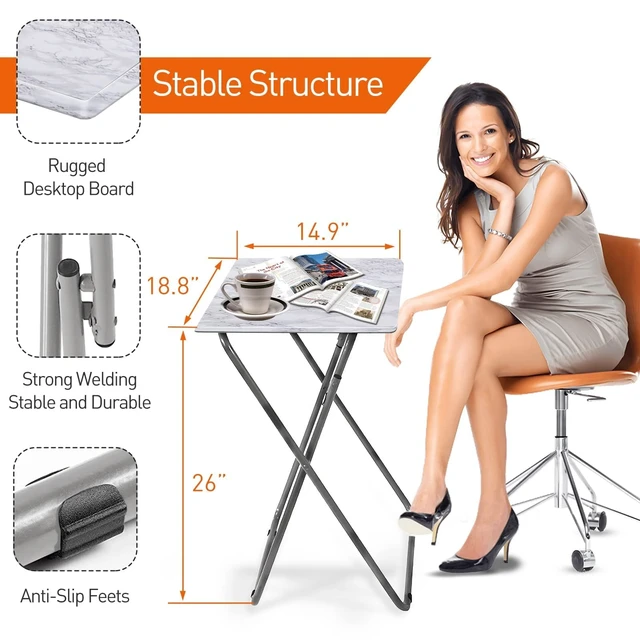 Alt view image 3 of 7 - TV Tray Table, Folding Dinner Tray With No Assembly Required, Sturdy Foldable Snack Eating Table for Living Room, 2PCS (White Marble)