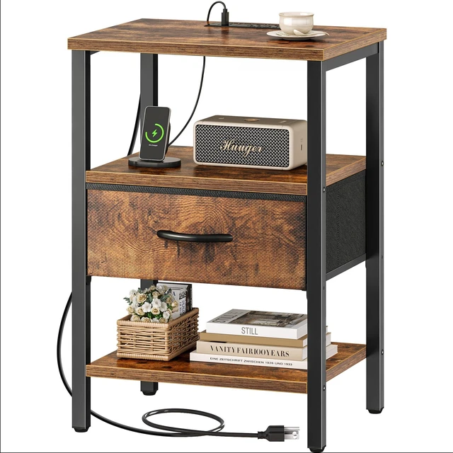 Main image of Nightstand with Charging Station, Bed Side Table with Adjustable Fabric Drawer, Night Stand for Bedroom, 3-Tier Storage End Table, for Living Room, Rustic Brown