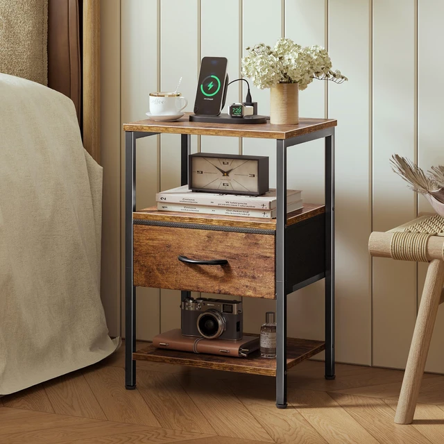 Alt view image 2 of 7 - Nightstand with Charging Station, Bed Side Table with Adjustable Fabric Drawer, Night Stand for Bedroom, 3-Tier Storage End Table, for Living Room, Rustic Brown