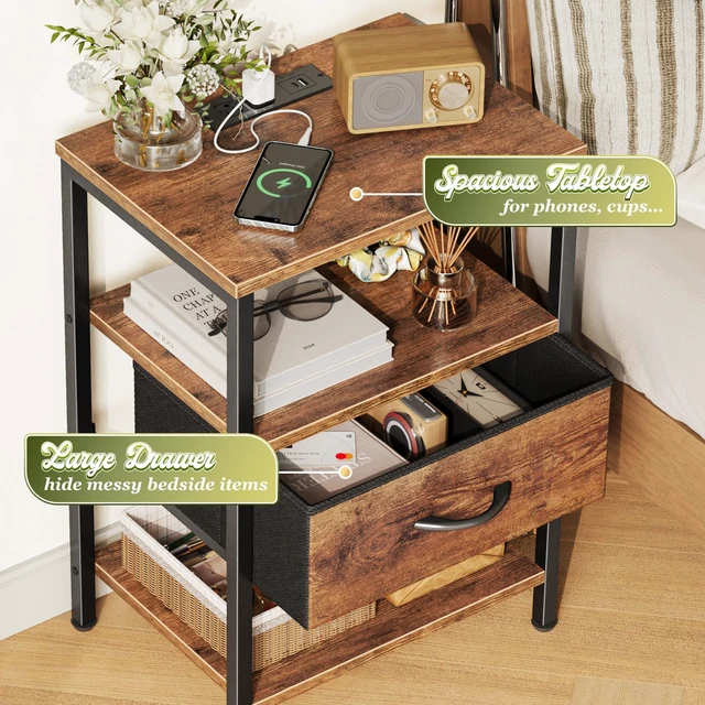 Alt view image 4 of 7 - Nightstand with Charging Station, Bed Side Table with Adjustable Fabric Drawer, Night Stand for Bedroom, 3-Tier Storage End Table, for Living Room, Rustic Brown