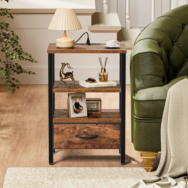 Alt view image 6 of 7 - Nightstand with Charging Station, Bed Side Table with Adjustable Fabric Drawer, Night Stand for Bedroom, 3-Tier Storage End Table, for Living Room, Rustic Brown