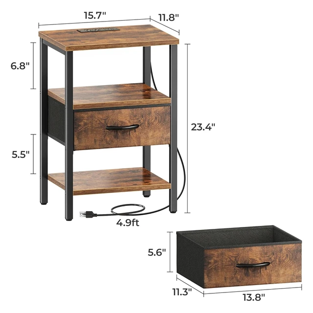 Alt view image 7 of 7 - Nightstand with Charging Station, Bed Side Table with Adjustable Fabric Drawer, Night Stand for Bedroom, 3-Tier Storage End Table, for Living Room, Rustic Brown