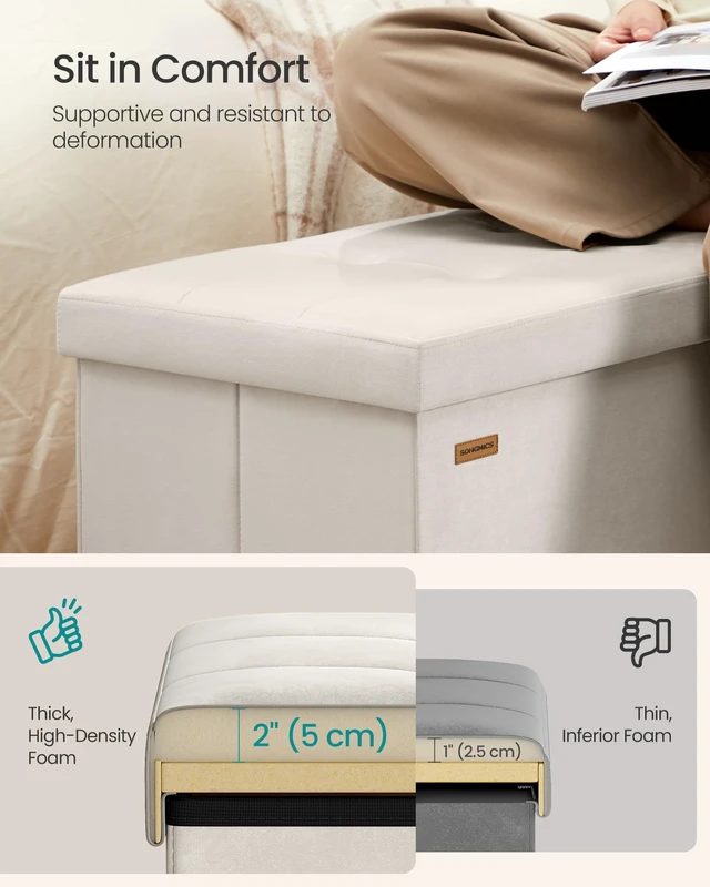 Alt view image 3 of 5 - Foldable Storage Ottoman with Flipping Lid, 43.3 Inch Velvet Bench | Coffee Table, Folding Storage Bench for Bedroom, Entryway Shoe Bench, Cappuccino White, MINOTA Collection ULSF078LH01