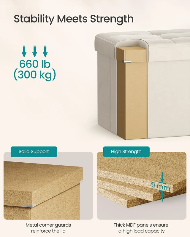 Alt view image 4 of 5 - Foldable Storage Ottoman with Flipping Lid, 43.3 Inch Velvet Bench | Coffee Table, Folding Storage Bench for Bedroom, Entryway Shoe Bench, Cappuccino White, MINOTA Collection ULSF078LH01