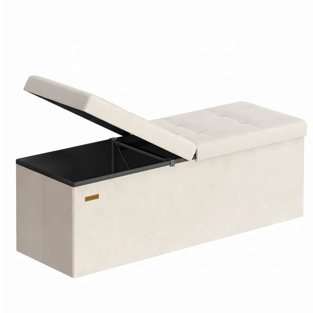 Main image of Foldable Storage Ottoman with Flipping Lid, 43.3 Inch Velvet Bench | Coffee Table, Folding Storage Bench for Bedroom, Entryway Shoe Bench, Cappuccino White, MINOTA Collection ULSF078LH01