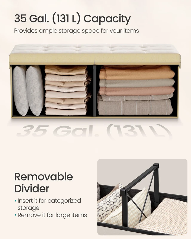 Alt view image 5 of 5 - Foldable Storage Ottoman with Flipping Lid, 43.3 Inch Velvet Bench | Coffee Table, Folding Storage Bench for Bedroom, Entryway Shoe Bench, Cappuccino White, MINOTA Collection ULSF078LH01