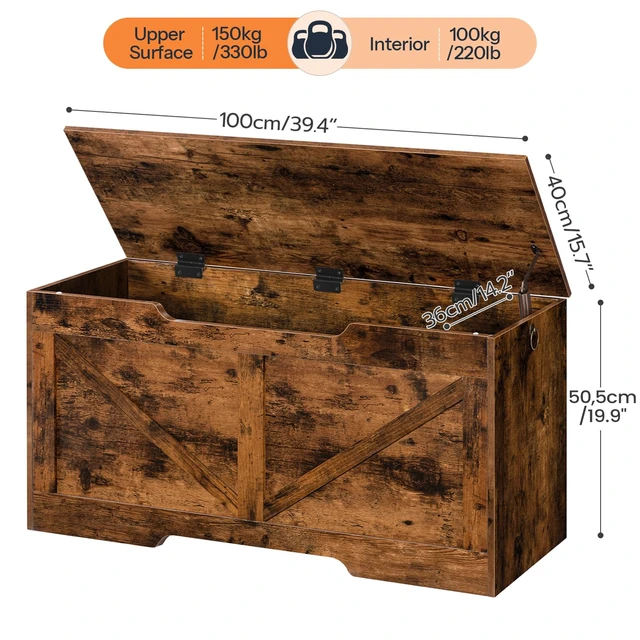 Alt view image 3 of 7 - Storage Bench, 39.4 Retro Wooden Storage Chest with U-Shaped Cut-Out Pull, Safety Hinge, Supports 330 lb and Easy Assembly for Toy Box Organizer (Rustic Brown) BF771CW01G1