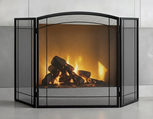 Main image of 3 Panel Fireplace Screen 48" W x 29" H Modern Foldable with Wrought Metal Decorative Mesh,Arch Heavy Duty Fire Spark Guard Cover for Home Decor Indoor, Black