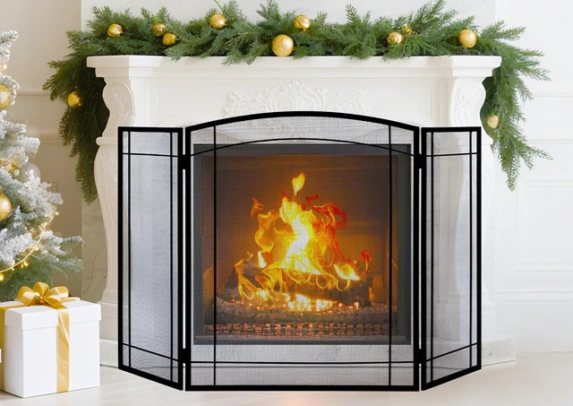 Alt view image 2 of 6 - 3 Panel Fireplace Screen 48" W x 29" H Modern Foldable with Wrought Metal Decorative Mesh,Arch Heavy Duty Fire Spark Guard Cover for Home Decor Indoor, Black