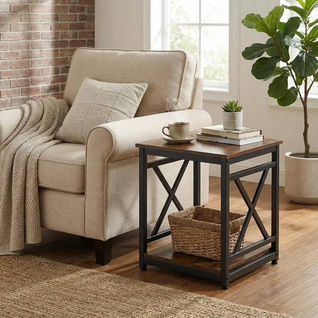 Alt view image 2 of 7 - Industrial End Table, 18" Square Side Table with 2-Tier Storage Shelf, X-Design Metal Frame, Rustic Brown Nightstand Bedside Table for Living Room, Bedroom