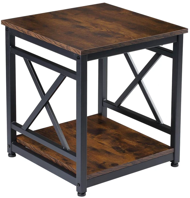 Main image of Industrial End Table, 18" Square Side Table with 2-Tier Storage Shelf, X-Design Metal Frame, Rustic Brown Nightstand Bedside Table for Living Room, Bedroom