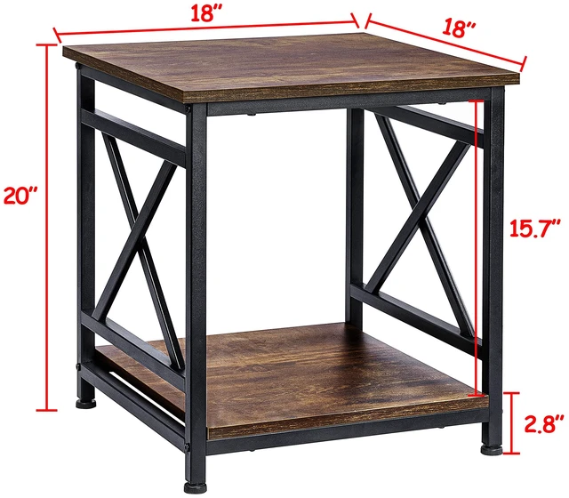Alt view image 3 of 7 - Industrial End Table, 18" Square Side Table with 2-Tier Storage Shelf, X-Design Metal Frame, Rustic Brown Nightstand Bedside Table for Living Room, Bedroom
