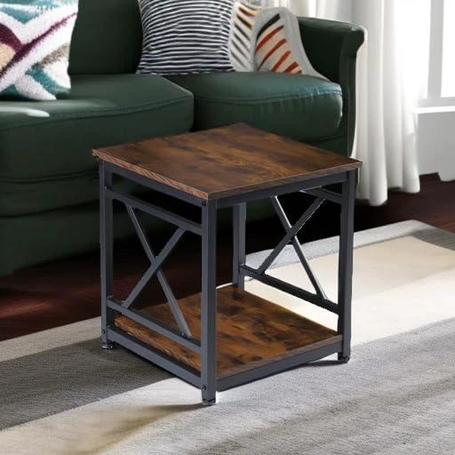Alt view image 5 of 7 - Industrial End Table, 18" Square Side Table with 2-Tier Storage Shelf, X-Design Metal Frame, Rustic Brown Nightstand Bedside Table for Living Room, Bedroom