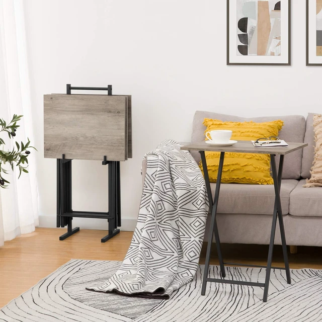 Alt view image 3 of 7 - Folding TV Tray Tables, Set of 4 TV Trays with Storage Rack | Industrial Side Table for Eating at Couch, Foldable Snack Table for Small Space, Easy Assembly, Greige and Black BG50BZ01