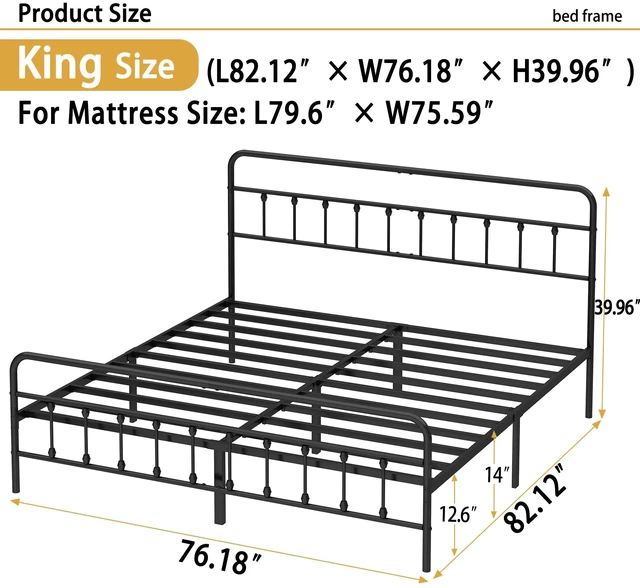 Alt view image 2 of 7 - King Metal Bed Frame with Victorian Headboard & Footboard, Black | 14" King Metal Platform Frame, Heavy Duty Steel Slat Support, Noise Free, No Box Spring Needed, Easy Disassembly & Transport