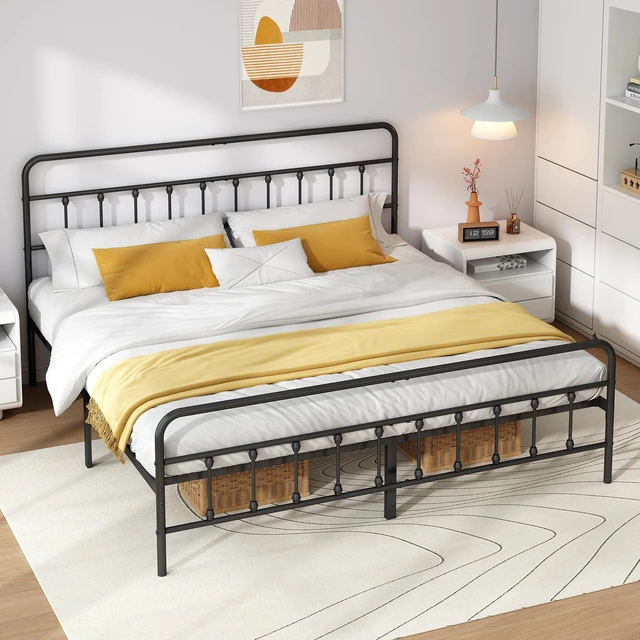 Alt view image 4 of 7 - King Metal Bed Frame with Victorian Headboard & Footboard, Black | 14" King Metal Platform Frame, Heavy Duty Steel Slat Support, Noise Free, No Box Spring Needed, Easy Disassembly & Transport