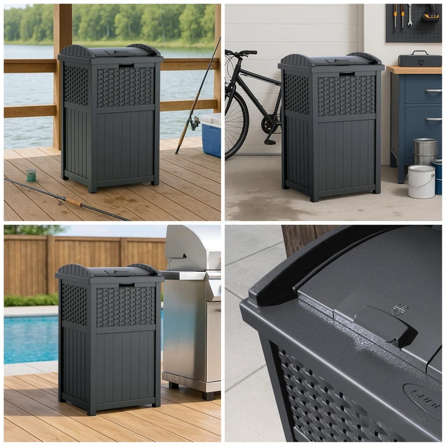Alt view image 4 of 7 - 33 Gal, Wicker Hideaway Trash Can, Secure Lid, Cyberspace Gray