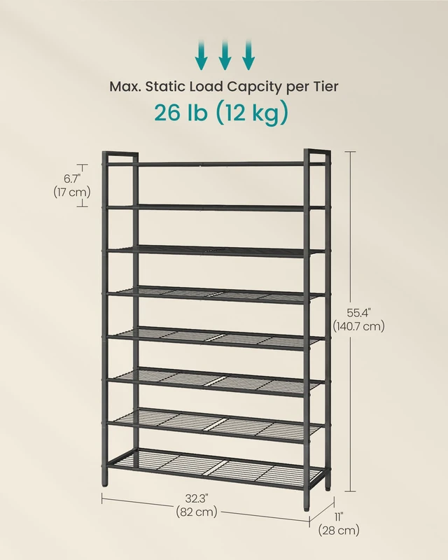 Alt view image 2 of 6 - 8-Tier Metal Shoe Rack, Vertical Shelf, Holds up to 40 Pairs | Space Saving and Heavy Duty Shoe Organizer for Closet, Entryway, Garage, Small Spaces, Black, DAVIAN Collection ULMR048BP01