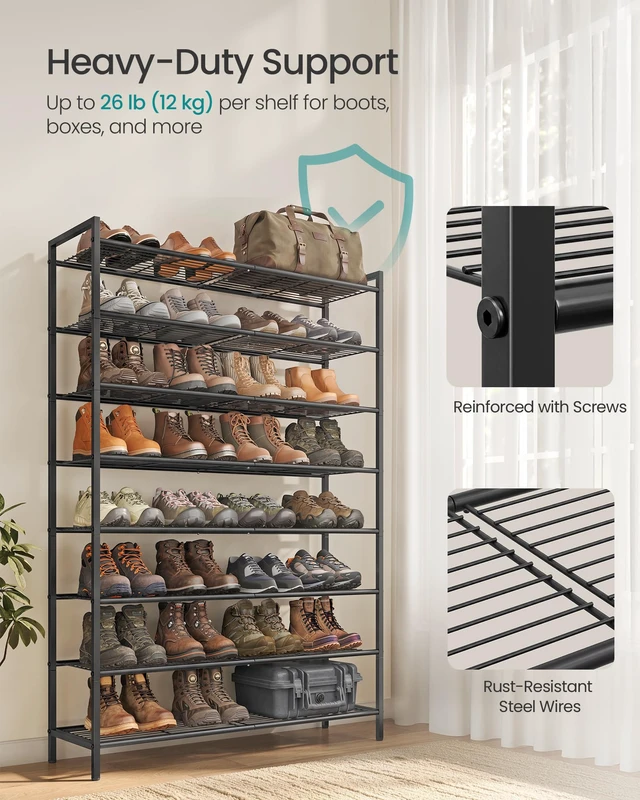 Alt view image 3 of 6 - 8-Tier Metal Shoe Rack, Vertical Shelf, Holds up to 40 Pairs | Space Saving and Heavy Duty Shoe Organizer for Closet, Entryway, Garage, Small Spaces, Black, DAVIAN Collection ULMR048BP01