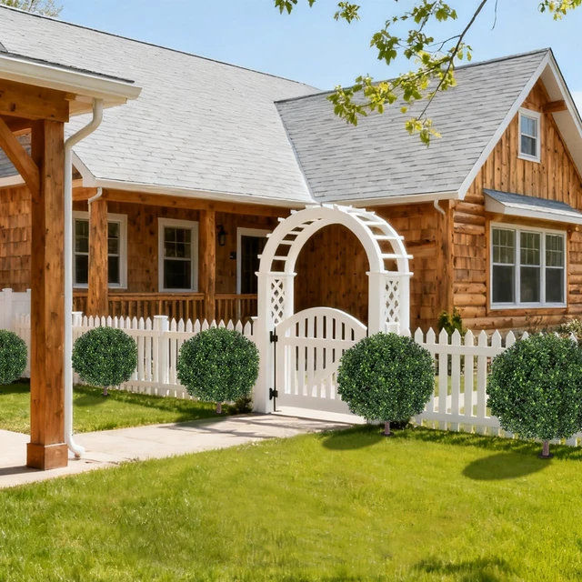 Alt view image 2 of 6 - 27.5" Artificial Boxwood Topiary Ball Tree, Set of 2 Fake Bushes Shrubs with Ground Spike, UV Resistant Faux Evergreen Boxwood Trees for Front Porch Planters Outdoor Garden Decor