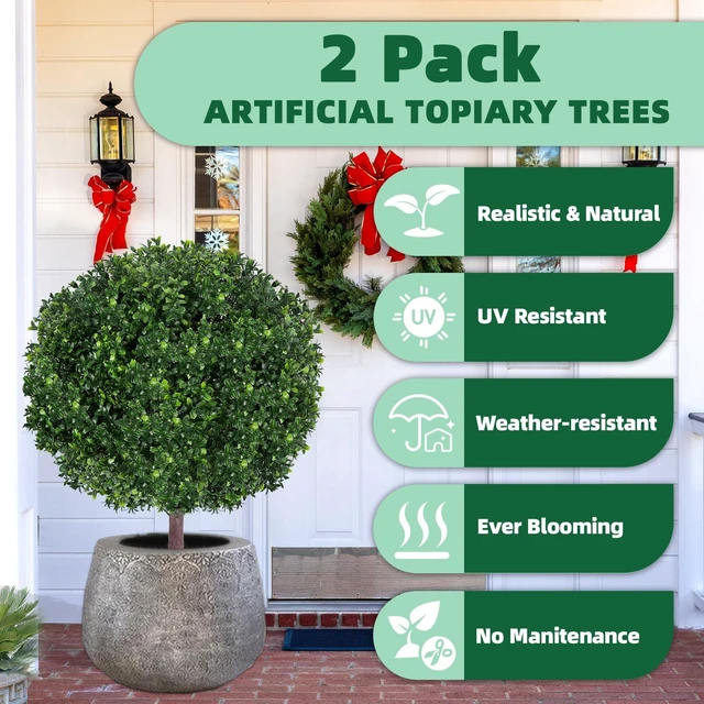 Alt view image 3 of 6 - 27.5" Artificial Boxwood Topiary Ball Tree, Set of 2 Fake Bushes Shrubs with Ground Spike, UV Resistant Faux Evergreen Boxwood Trees for Front Porch Planters Outdoor Garden Decor
