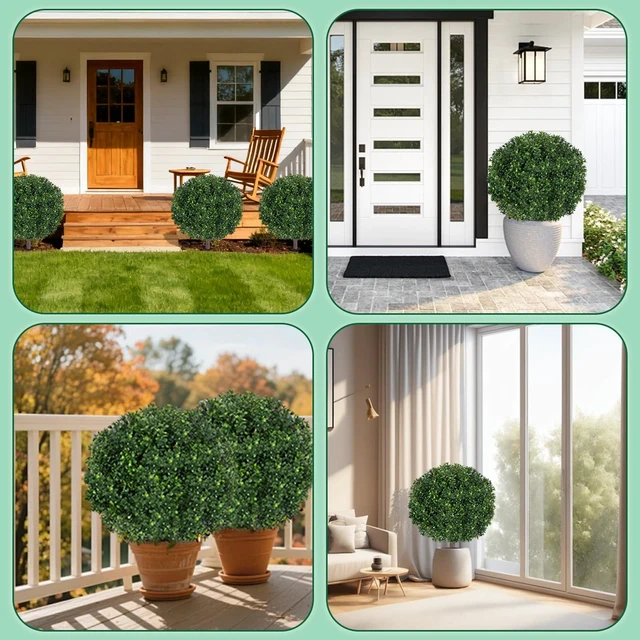Alt view image 5 of 6 - 27.5" Artificial Boxwood Topiary Ball Tree, Set of 2 Fake Bushes Shrubs with Ground Spike, UV Resistant Faux Evergreen Boxwood Trees for Front Porch Planters Outdoor Garden Decor