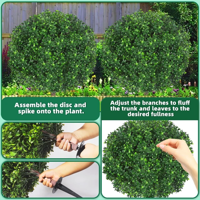 Alt view image 6 of 6 - 27.5" Artificial Boxwood Topiary Ball Tree, Set of 2 Fake Bushes Shrubs with Ground Spike, UV Resistant Faux Evergreen Boxwood Trees for Front Porch Planters Outdoor Garden Decor