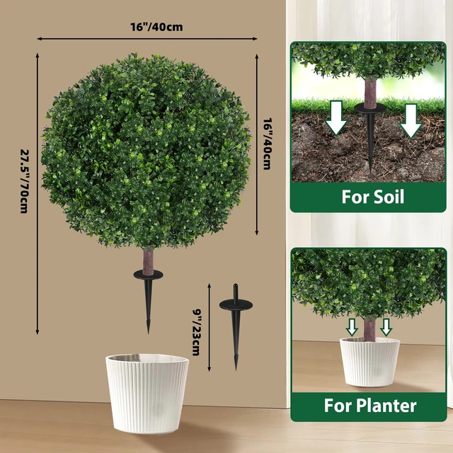 Alt view image 4 of 6 - 27.5" Artificial Boxwood Topiary Ball Tree, Set of 2 Fake Bushes Shrubs with Ground Spike, UV Resistant Faux Evergreen Boxwood Trees for Front Porch Planters Outdoor Garden Decor