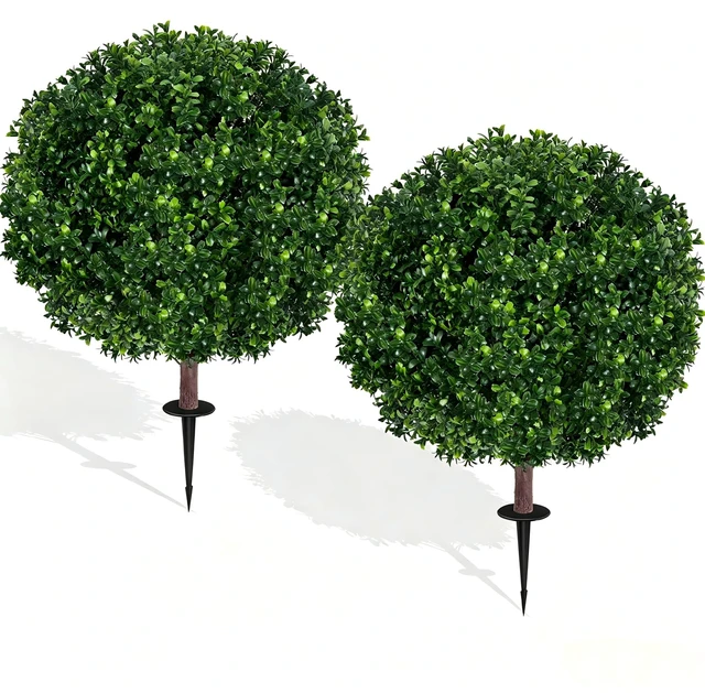 Main image of 27.5" Artificial Boxwood Topiary Ball Tree, Set of 2 Fake Bushes Shrubs with Ground Spike, UV Resistant Faux Evergreen Boxwood Trees for Front Porch Planters Outdoor Garden Decor