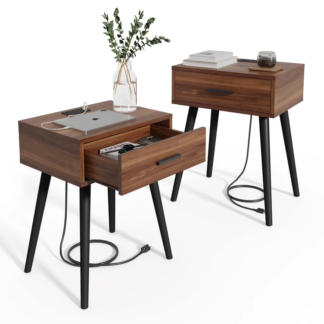Main image of Nightstands Set of 2,Mid Century Bedside Table with Charging Station | Walnut Side Table with Drawer Storage, Modern End Table with Solid Pine Wood Legs,Night Stand for Bedroom Living Room office