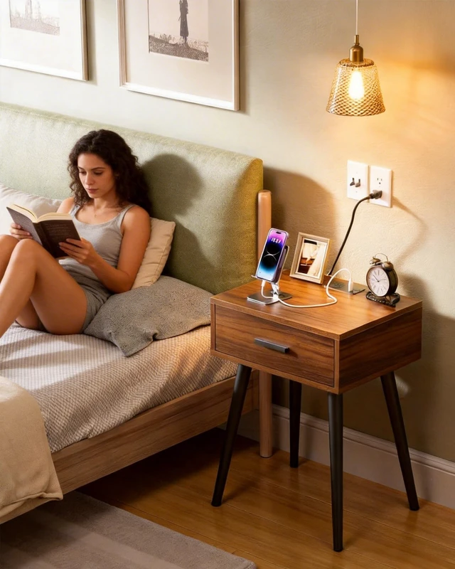 Alt view image 2 of 7 - Nightstands Set of 2,Mid Century Bedside Table with Charging Station | Walnut Side Table with Drawer Storage, Modern End Table with Solid Pine Wood Legs,Night Stand for Bedroom Living Room office