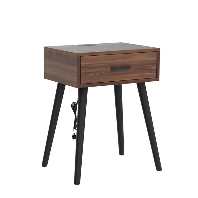 Alt view image 4 of 7 - Nightstands Set of 2,Mid Century Bedside Table with Charging Station | Walnut Side Table with Drawer Storage, Modern End Table with Solid Pine Wood Legs,Night Stand for Bedroom Living Room office