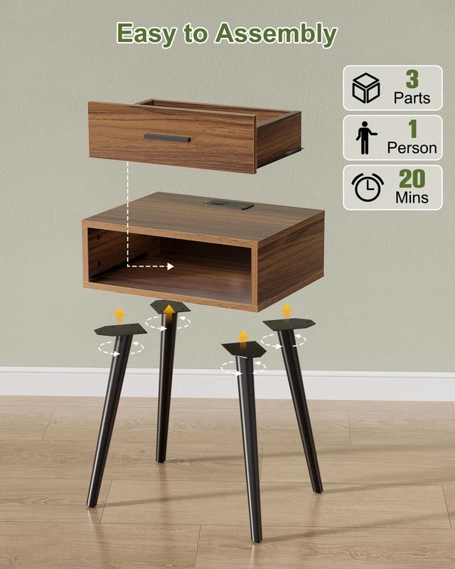 Alt view image 5 of 7 - Nightstands Set of 2,Mid Century Bedside Table with Charging Station | Walnut Side Table with Drawer Storage, Modern End Table with Solid Pine Wood Legs,Night Stand for Bedroom Living Room office