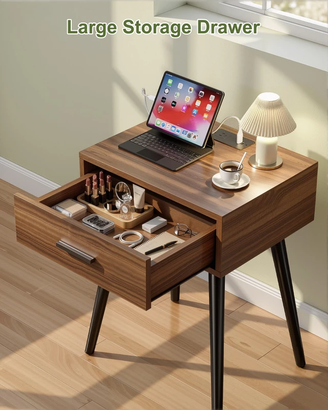 Alt view image 6 of 7 - Nightstands Set of 2,Mid Century Bedside Table with Charging Station | Walnut Side Table with Drawer Storage, Modern End Table with Solid Pine Wood Legs,Night Stand for Bedroom Living Room office