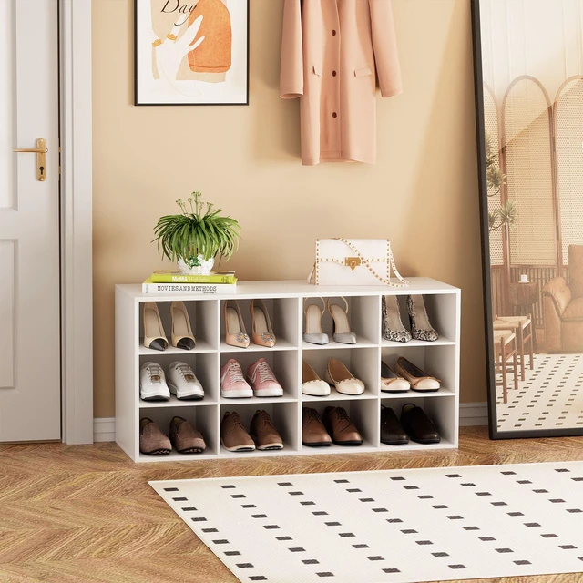 Alt view image 2 of 7 - Shoe Storage Bench, Cubby Shoe Rack with 12 Cubbies, 3-Tier Wood Shoe Rack Organizer, Shoe Organizer Cabinet for Entryway, Hallway, Closet and Garage, White