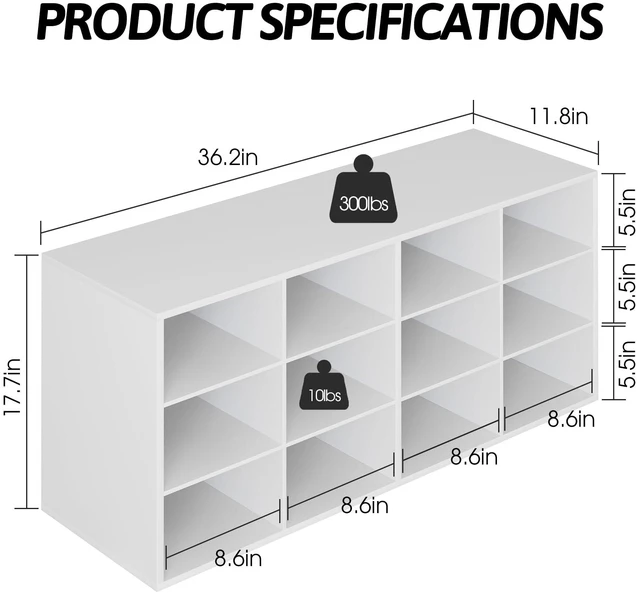 Alt view image 3 of 7 - Shoe Storage Bench, Cubby Shoe Rack with 12 Cubbies, 3-Tier Wood Shoe Rack Organizer, Shoe Organizer Cabinet for Entryway, Hallway, Closet and Garage, White