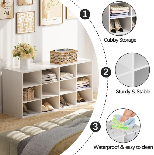 Alt view image 4 of 7 - Shoe Storage Bench, Cubby Shoe Rack with 12 Cubbies, 3-Tier Wood Shoe Rack Organizer, Shoe Organizer Cabinet for Entryway, Hallway, Closet and Garage, White