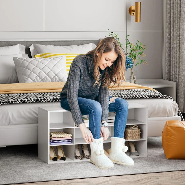 Alt view image 5 of 7 - Shoe Storage Bench, Cubby Shoe Rack with 12 Cubbies, 3-Tier Wood Shoe Rack Organizer, Shoe Organizer Cabinet for Entryway, Hallway, Closet and Garage, White