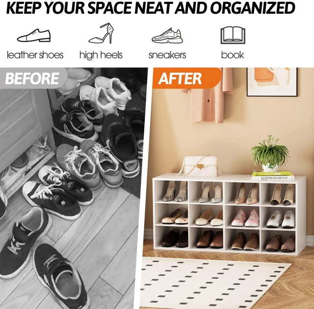 Alt view image 6 of 7 - Shoe Storage Bench, Cubby Shoe Rack with 12 Cubbies, 3-Tier Wood Shoe Rack Organizer, Shoe Organizer Cabinet for Entryway, Hallway, Closet and Garage, White