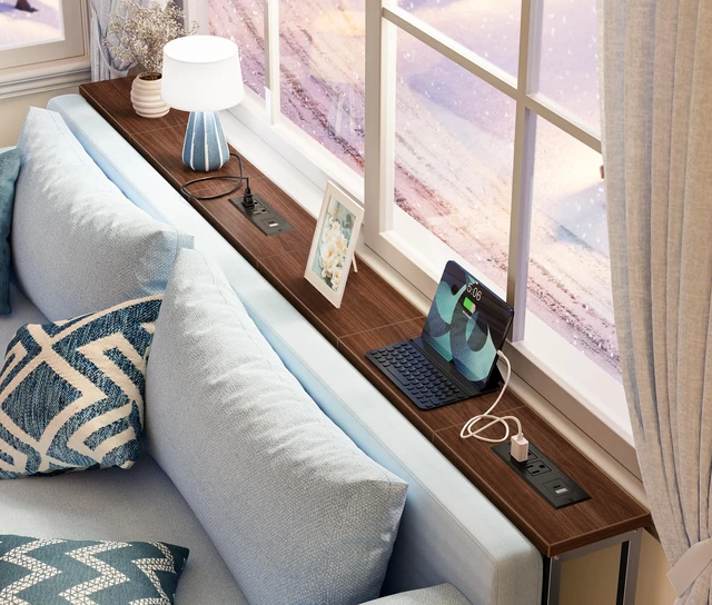 Alt view image 2 of 7 - 78.8 inch Narrow Behind Couch Table with Charging Stations | Power Outlet with USB-C Ports, Extra Storage Behind Sofa, Long Sofa Table Console Table for Entryway Living room, Walnut