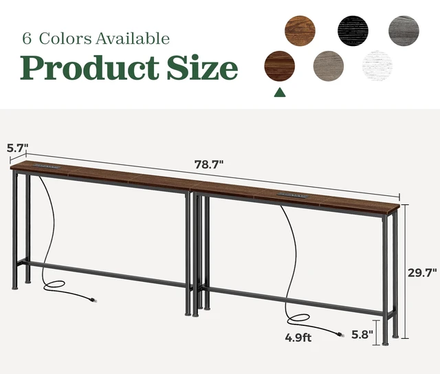 Alt view image 6 of 7 - 78.8 inch Narrow Behind Couch Table with Charging Stations | Power Outlet with USB-C Ports, Extra Storage Behind Sofa, Long Sofa Table Console Table for Entryway Living room, Walnut