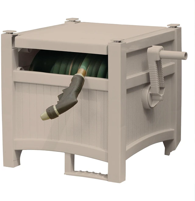 Main image of 100' Garden Hose Reel Hideaway for 5/8" Vinyl Hose, Light Taupe | Retracting Storage of 100 Ft, Easylink Leak-Free Connection, Crank Handle Winding, Fully Assembled Resin Construction Design