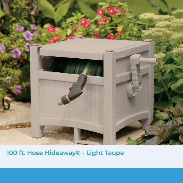 Alt view image 2 of 7 - 100' Garden Hose Reel Hideaway for 5/8" Vinyl Hose, Light Taupe | Retracting Storage of 100 Ft, Easylink Leak-Free Connection, Crank Handle Winding, Fully Assembled Resin Construction Design