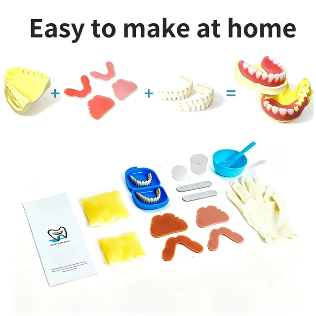 Alt view image 3 of 7 - Dentures DIY Kit, Easy-to-Make Partial Full Fake Teeth, Natural | DIY Kit for Women and Men, All Parts Included. Upper and Lower Pieces. Multi-Color Material. Spares to Remake False Teeth.