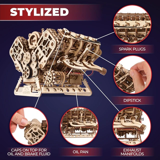 Alt view image 4 of 7 - V8 Engine Model Kit - 3D Wooden Puzzles for Adults, 3D Puzzle Model | Engine Kit, DIY Kits Gifts for Engineers for Christmas, Wooden Model Kits for Adults to Build, Brain Teaser Hobby Set