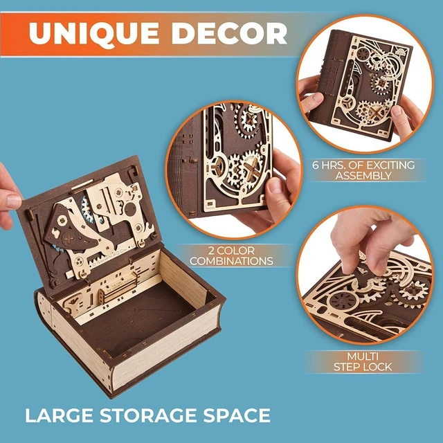 Alt view image 3 of 7 - Book of Secrets 3D Wooden Puzzles for Adults - Mechanical Model Kit | Build - Steampunk Box with Hidden Compartment and Combination Lock - DIY Brain Teaser Craft Hobby Gift for Men and Women