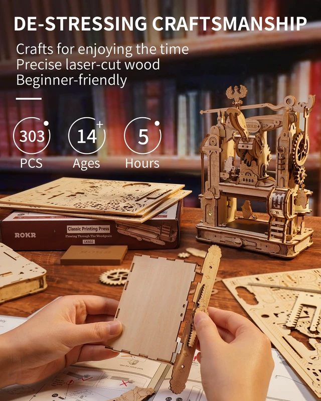 Alt view image 3 of 7 - 3D Puzzle for Adults, Wooden Puzzles Classic Printing Press Model Building Kits, DIY Wood Crafts Cool Toys for Birthday, STEM Hobbies for Women Men (LK602)